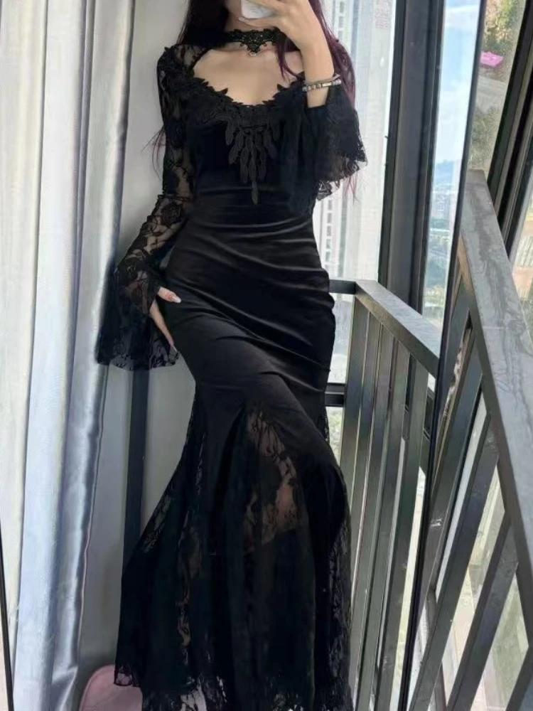 France Hepburn Lace Slim Black Dress Women Gothic Y2k Sexy Long Sleeve Patchwork Dresses Female Elegant Chic Summer Thin Clothes
France Hepburn Lace Slim Black Dress Women Gothic Y2k Sexy Long Sleeve Patchwork Dresses Female Elegant Chic Summer Thin Clothes