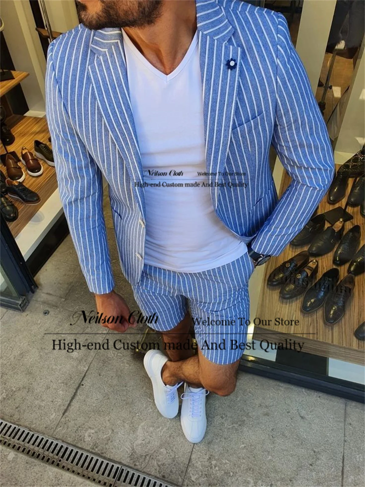 Summer Sky Blue Stripe Male Prom Blazers 2 Pcs Sets Short Pants Groom Wedding Tuxedos Customized Notched Lapel Costume Homme
Summer Sky Blue Stripe Male Prom Blazers 2 Pcs Sets Short Pants Groom Wedding Tuxedos Customized Notched Lapel Costume Homme