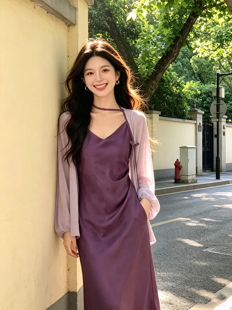 Elegant Purple Open Cardigan And Strap Dress Two-Piece Set for Women High Waist Long Skirt V-Neck Mid-Length Sleeve Summer Fa...
Elegant Purple Open Cardigan And Strap Dress Two-Piece Set for Women High Waist Long Skirt V-Neck Mid-Length Sleeve Summer Fa...