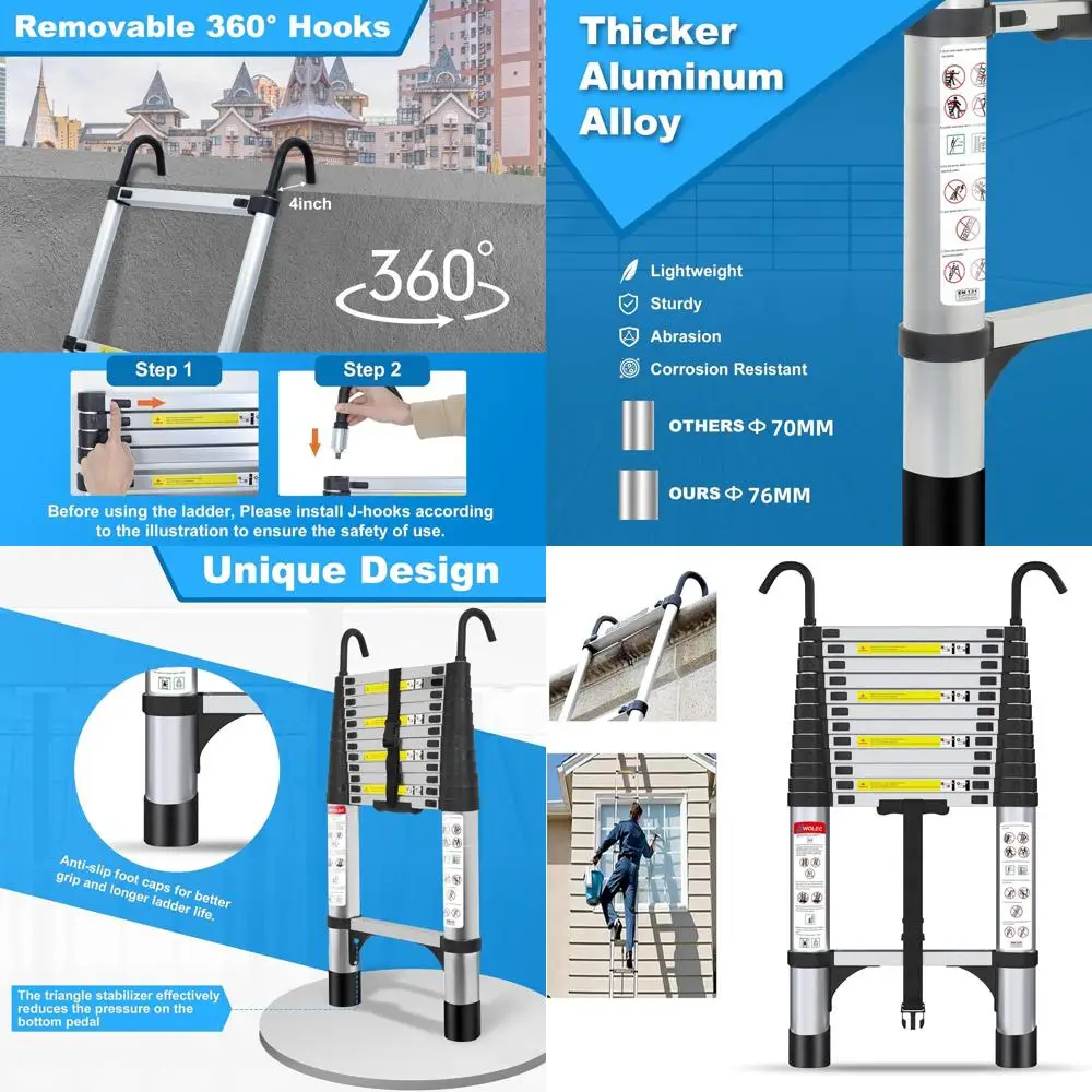 Алюминиевая телескопическая лестница высотой 12,5 футов с крючками, нескользящими колпачками, грузоподъемность 330 фунтов для улицы, автофургона, крыши, чердака — серебристый
Алюминиевая телескопическая лестница высотой 12,5 футов с крючками, нескользящими колпачками, грузоподъемность 330 фунтов для улицы, автофургона, крыши, чердака — серебристый