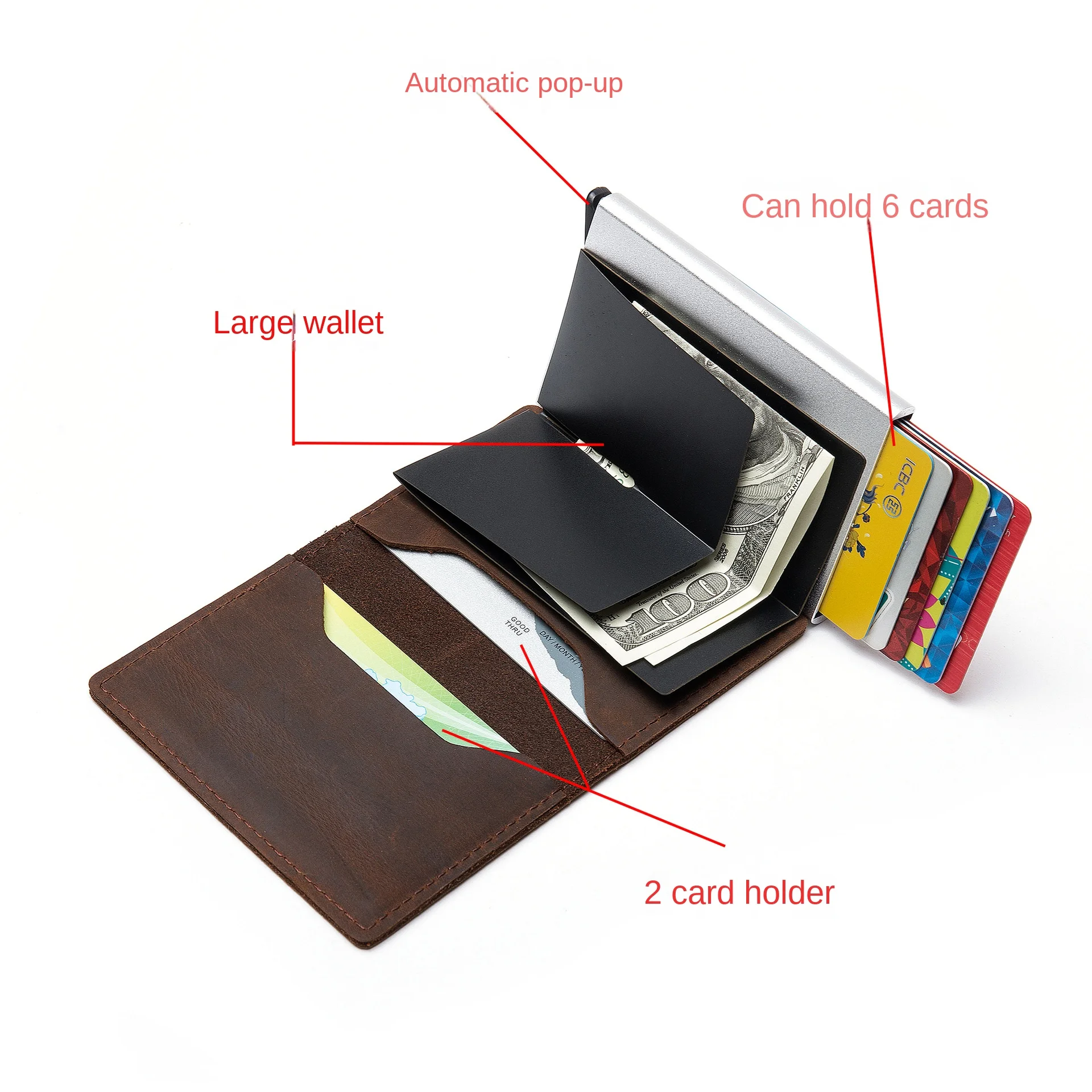 2023 New Leather RFID Card Holder Card Box Clutch Pop Out Wallet Leather Aluminum Box Ultra-thin Smart Wallet
2023 New Leather RFID Card Holder Card Box Clutch Pop Out Wallet Leather Aluminum Box Ultra-thin Smart Wallet