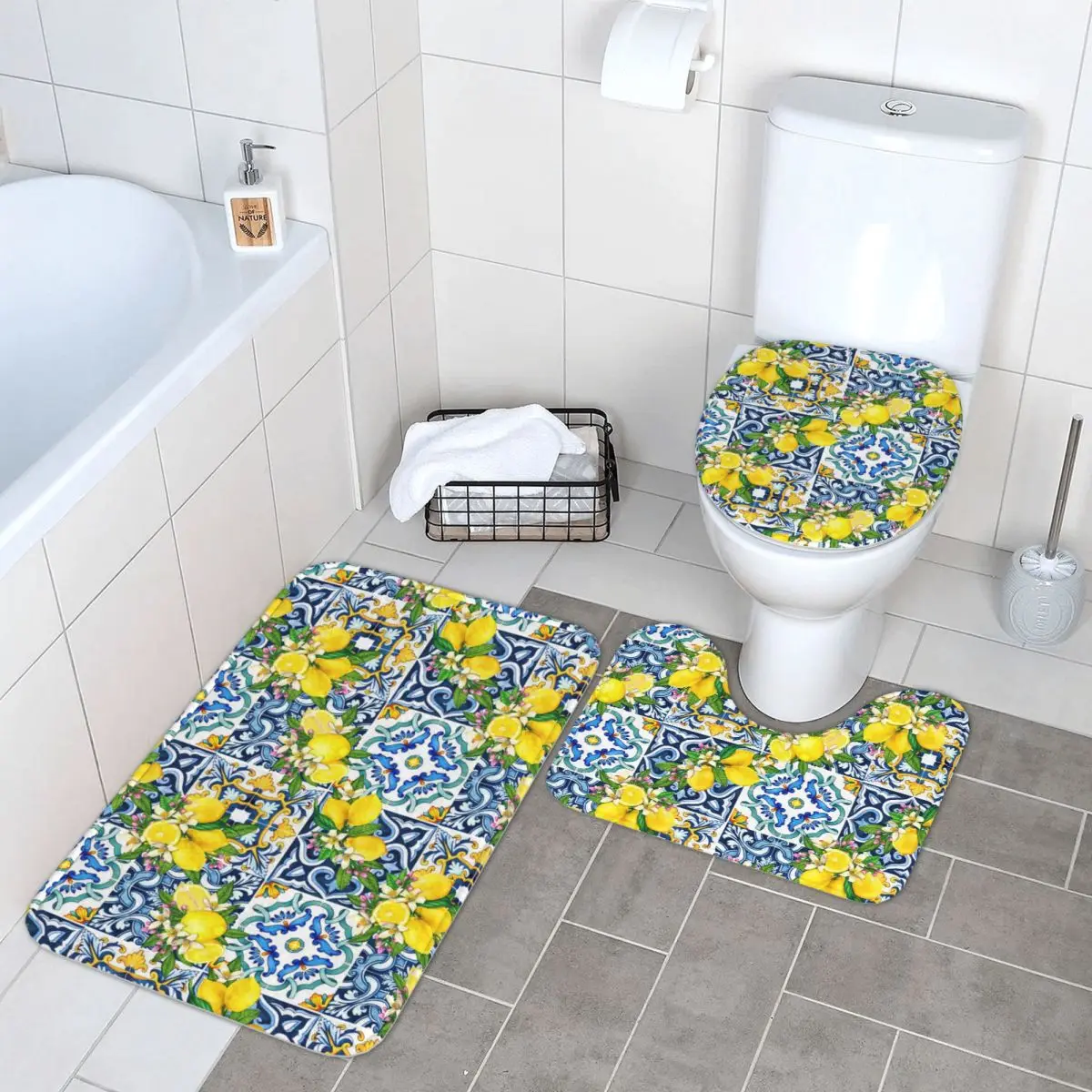 Bright Mediterranean Sicilian Tiles With Citrus Lemons 3 Piece Bath Mat Bathroom Set Toilet Lid Cover Home Decor Carpet FloorRug
Bright Mediterranean Sicilian Tiles With Citrus Lemons 3 Piece Bath Mat Bathroom Set Toilet Lid Cover Home Decor Carpet FloorRug