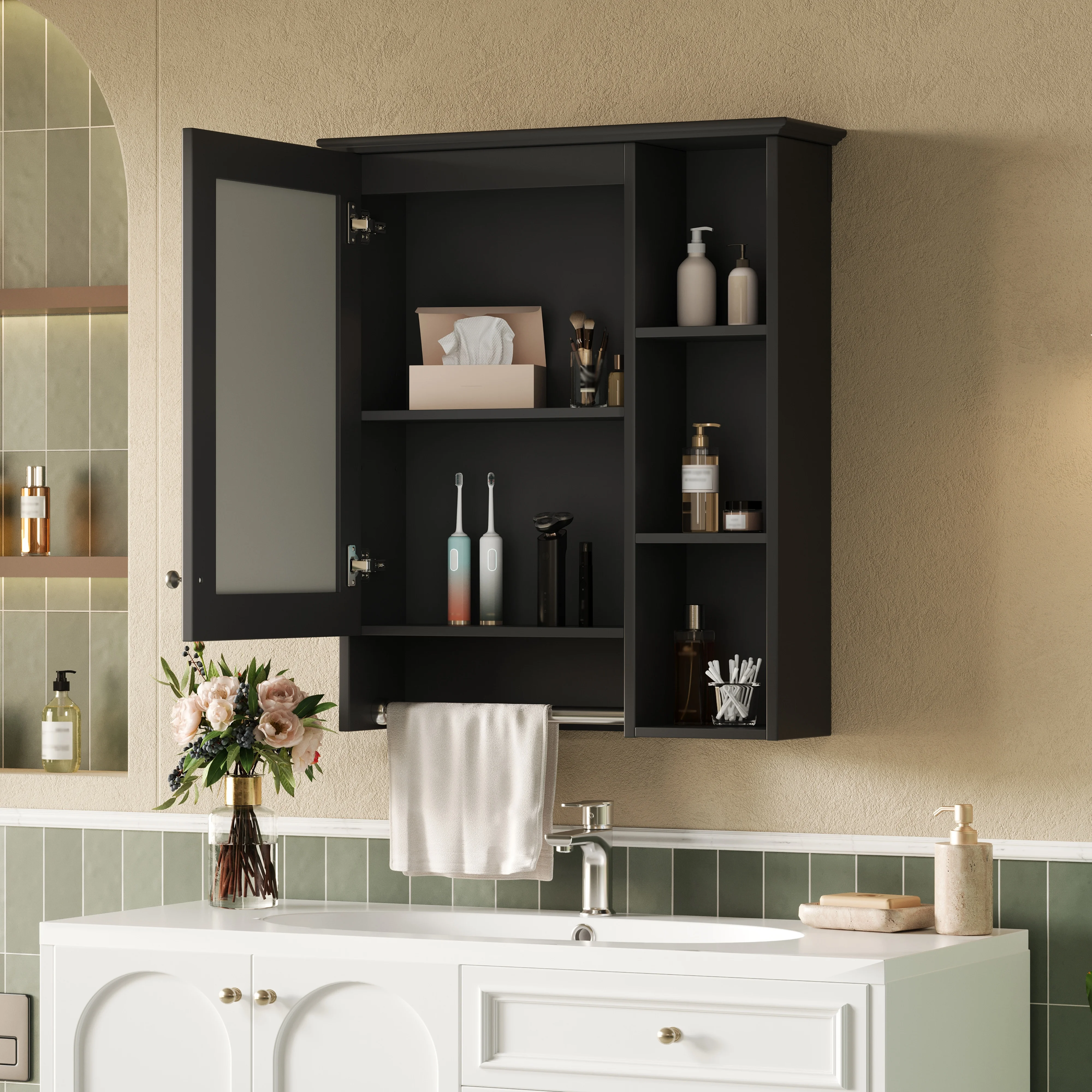 24" Wall-Mounted Bathroom Vanity Cabinet with Mirror Adjustable Shelves Towel Bar Cabinet with LED Lighting for Modern Bathrooms
24" Wall-Mounted Bathroom Vanity Cabinet with Mirror Adjustable Shelves Towel Bar Cabinet with LED Lighting for Modern Bathrooms