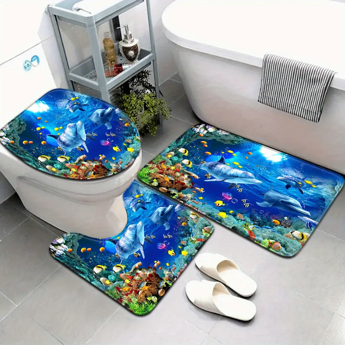 3pcs Jellyfish Dolphin Bathroom Rug Set Non-Slip U-Shaped Mat and Toilet Lid Cover Underwater World Theme Washable Floor Mats
3pcs Jellyfish Dolphin Bathroom Rug Set Non-Slip U-Shaped Mat and Toilet Lid Cover Underwater World Theme Washable Floor Mats