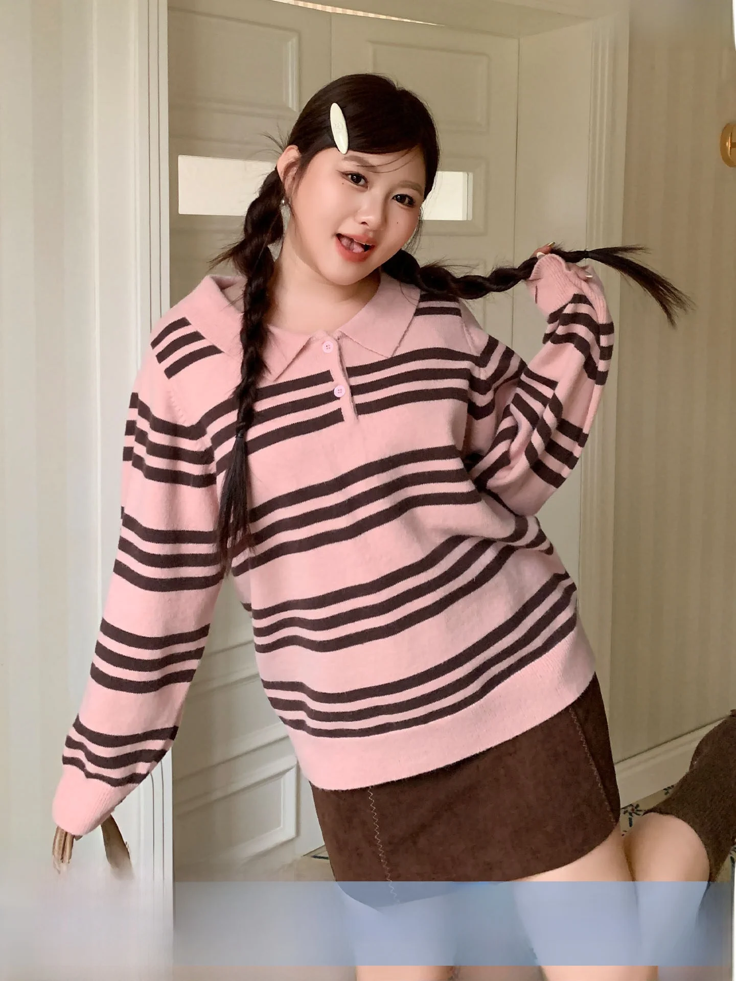YUZI Pink Stripe Knit Sweater Collar Loose Color Block Sweet Style Women's plus Size Inner Wear Autumn Winter Season
YUZI Pink Stripe Knit Sweater Collar Loose Color Block Sweet Style Women's plus Size Inner Wear Autumn Winter Season
