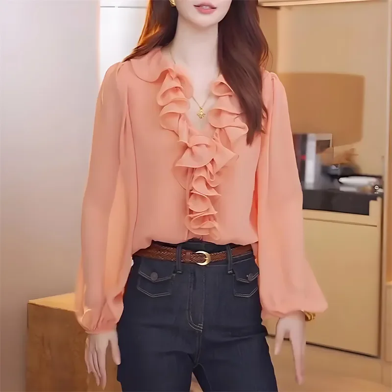 Женская персиковая шифоновая блузка с длинным рукавом, V-образным вырезом и рюшами, повседневный топ
Женская персиковая шифоновая блузка с длинным рукавом, V-образным вырезом и рюшами, повседневный топ