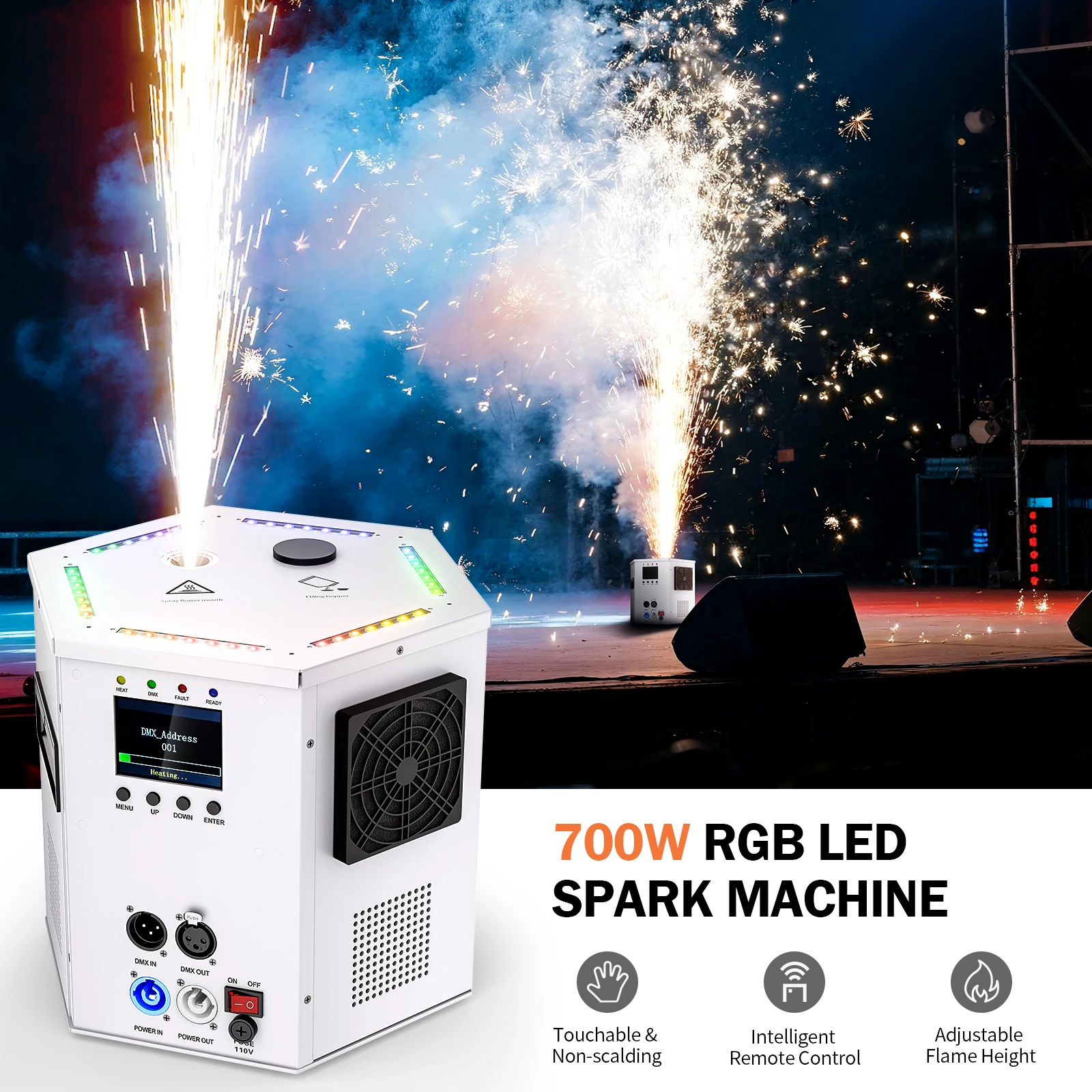 Fieryzeal 700 Вт RGB светодиодный станок с холодными искрями сценическое оборудование DMX светодиодный светильник электронный распылитель цветов для внутреннего и наружного применения
Fieryzeal 700 Вт RGB светодиодный станок с холодными искрями сценическое оборудование DMX светодиодный светильник электронный распылитель цветов для внутреннего и наружного применения