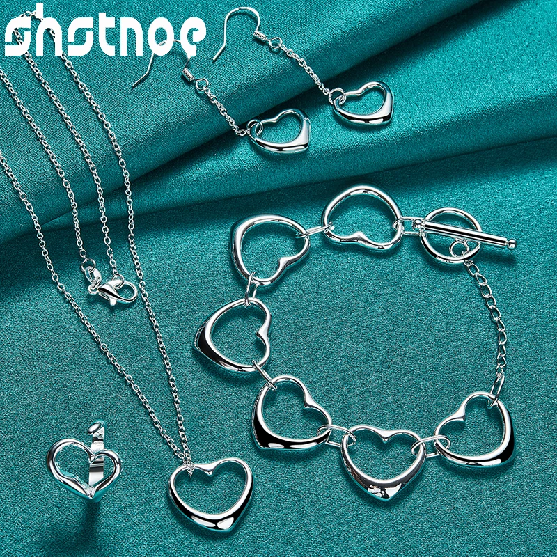 4pcs 925 Sterling Silver Woman Romantic Heart Earrings Ring Chain Necklace Bracelet Jewelry Sets Lady Wedding Engagement Gifts
4pcs 925 Sterling Silver Woman Romantic Heart Earrings Ring Chain Necklace Bracelet Jewelry Sets Lady Wedding Engagement Gifts