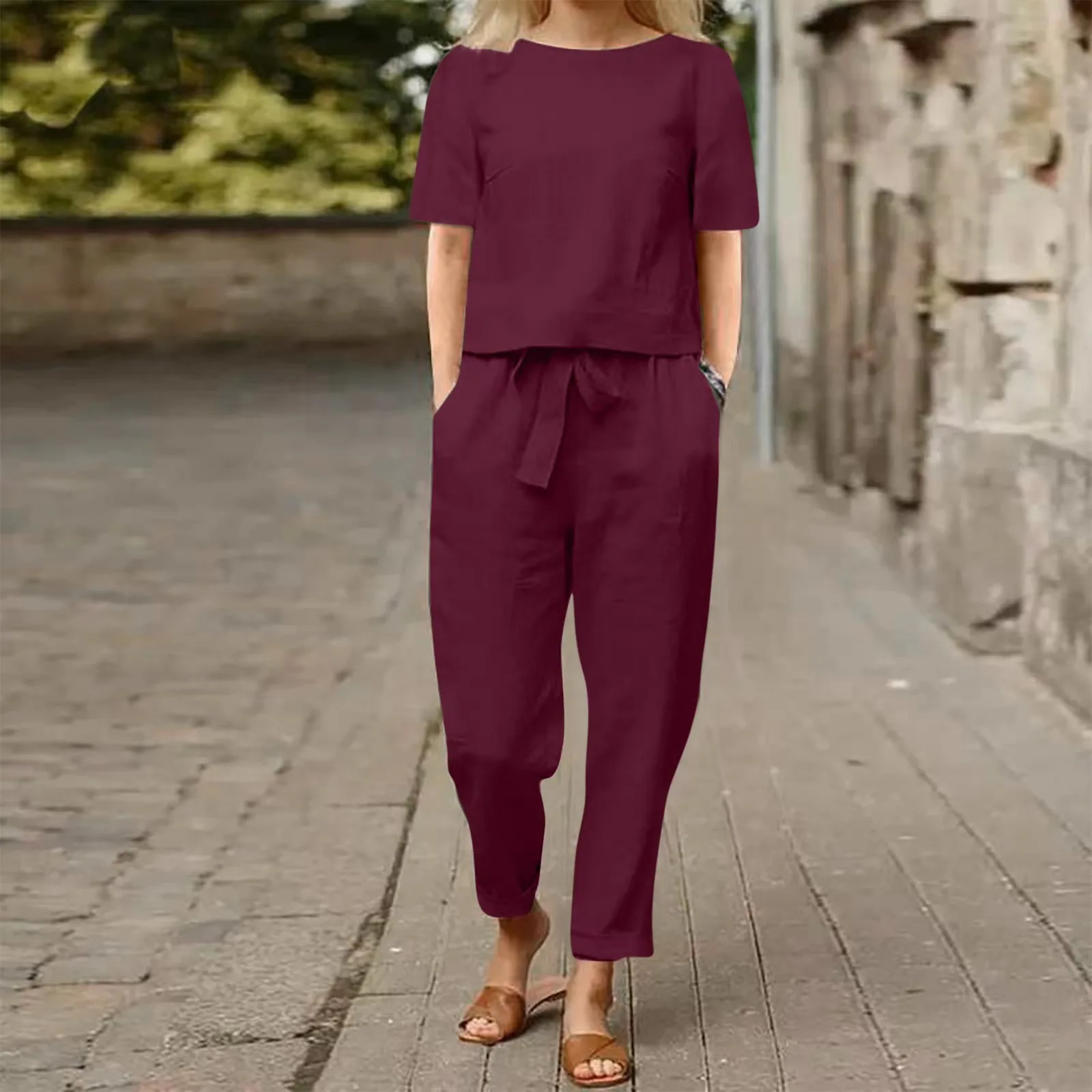 Casual Cotton Linen Short Sleeve Women's Top And Wide Leg Pants Set Vintage Style Nine Points Ensemble for Young Ladies
Casual Cotton Linen Short Sleeve Women's Top And Wide Leg Pants Set Vintage Style Nine Points Ensemble for Young Ladies