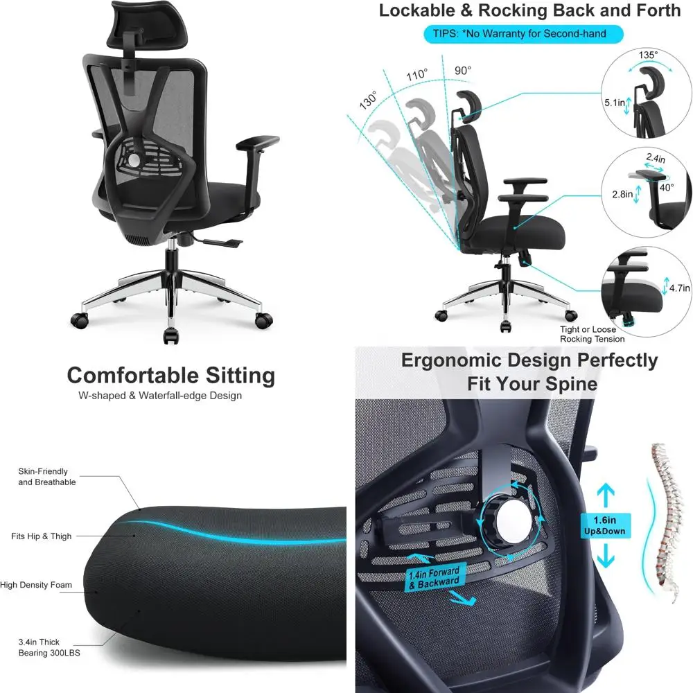 Ergonomic High-Back Office Desk Chair with Adjustable Lumbar Support and 3D Armrests - 130° Recline and Rocking Mesh Chair
Ergonomic High-Back Office Desk Chair with Adjustable Lumbar Support and 3D Armrests - 130° Recline and Rocking Mesh Chair