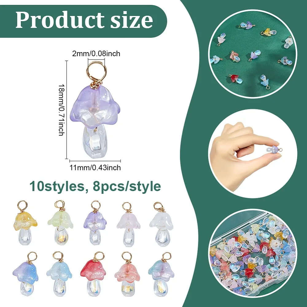 80Pcs 10 Colors Transparent Glass Pendants Mushroom Charms with Light Golden Copper Wire Mixed Color 18x11mm Hole: 2mm
80Pcs 10 Colors Transparent Glass Pendants Mushroom Charms with Light Golden Copper Wire Mixed Color 18x11mm Hole: 2mm