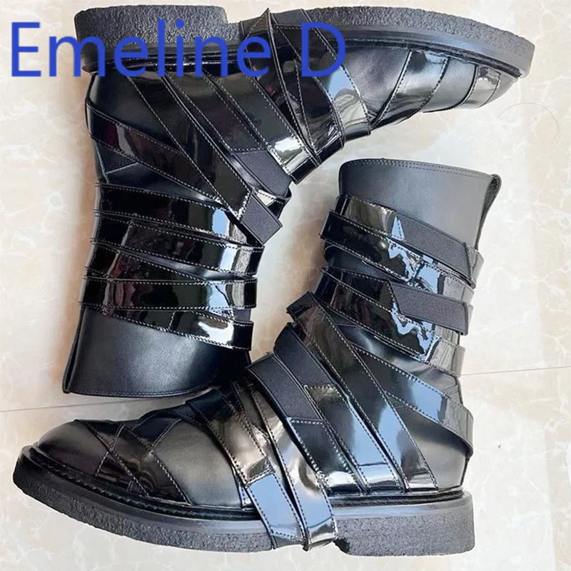 Men's Lace Up Short Boots Fashionable and Trendy Leather Splicing Belt Buckle Decoration Design Black Round Toe Midsole Boots 
Men's Lace Up Short Boots Fashionable and Trendy Leather Splicing Belt Buckle Decoration Design Black Round Toe Midsole Boots