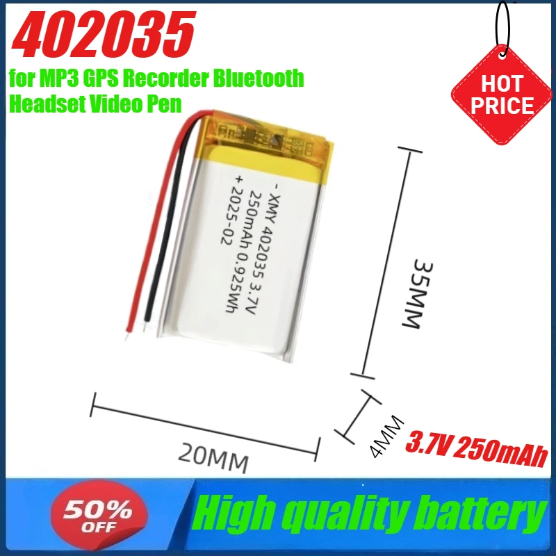 3.7V 250mAh 402035 Lipo Rechargeable Battery for MP3 GPS Recorder Bluetooth Headset Video Pen
3.7V 250mAh 402035 Lipo Rechargeable Battery for MP3 GPS Recorder Bluetooth Headset Video Pen
