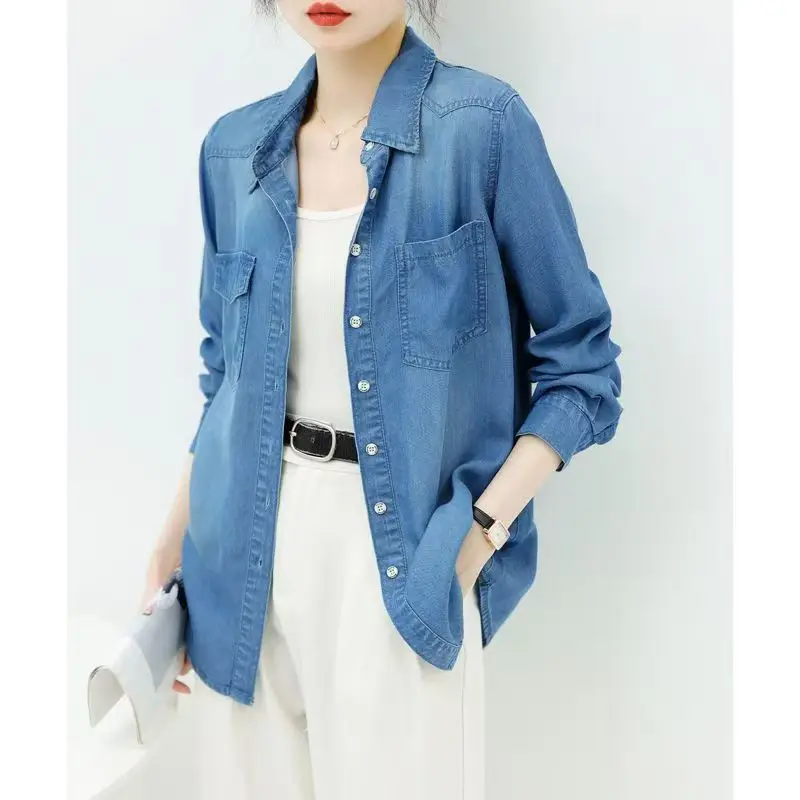 Весенне-летняя тонкая джинсовая рубашка-куртка для женщин, свободная повседневная блузка-рубашка, топ
Весенне-летняя тонкая джинсовая рубашка-куртка для женщин, свободная повседневная блузка-рубашка, топ