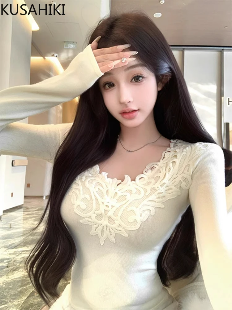 KUSAHIKI Lace Patchwork V-neck Long Sleeved Knitted Sweater for Women Slim Fit Spicy Girl Bottom Top
KUSAHIKI Lace Patchwork V-neck Long Sleeved Knitted Sweater for Women Slim Fit Spicy Girl Bottom Top