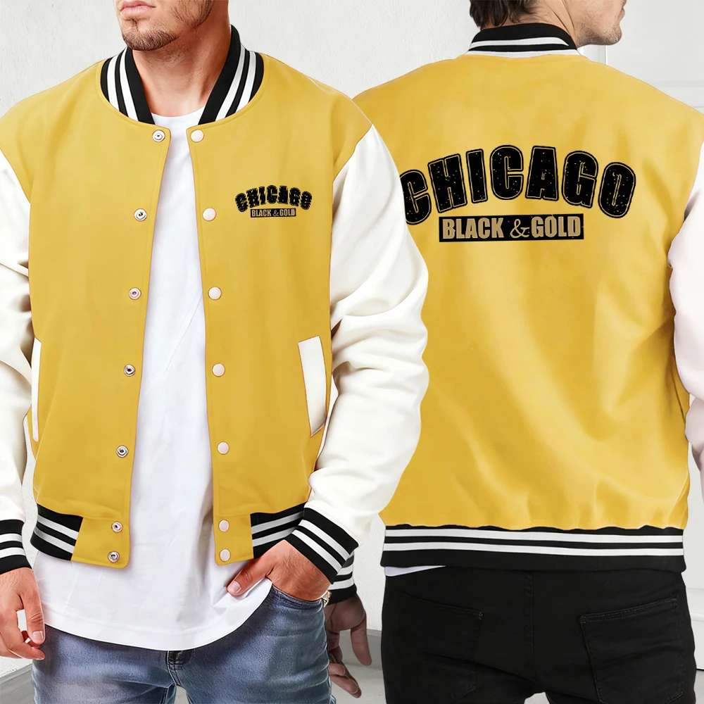 Chicago Black Gold Print Autumn Winter Jackets Man'S Street Vintage Veste Basics Button Clothes Fashion Soft Baseball Uniform
Chicago Black Gold Print Autumn Winter Jackets Man'S Street Vintage Veste Basics Button Clothes Fashion Soft Baseball Uniform