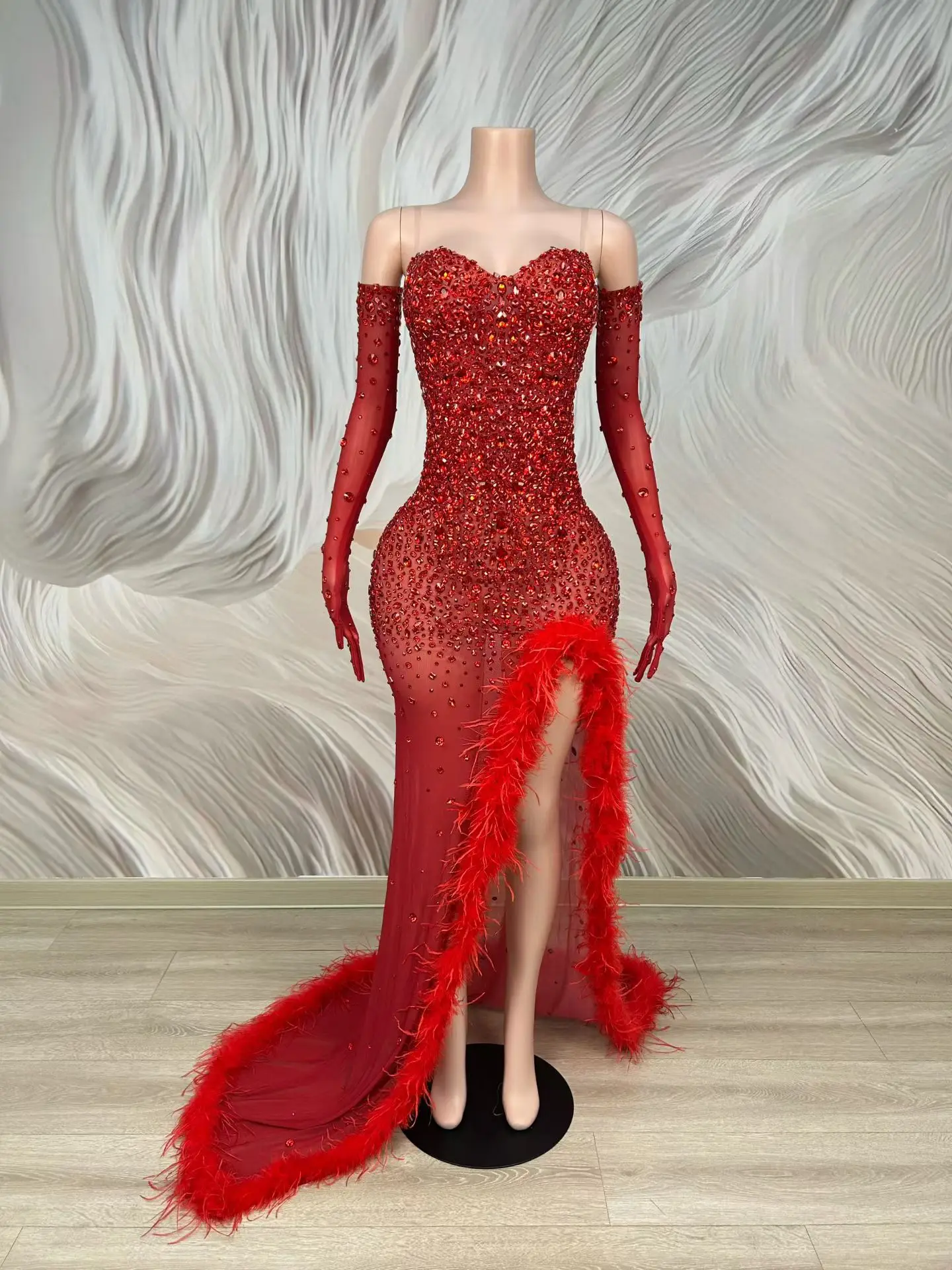 Haiou Womens Red Rhinestone Sheer Mesh Sweetheart Neck Feather Trim Slit Mermaid Maxi Dress Formal Evening Party Prom Gown
Haiou Womens Red Rhinestone Sheer Mesh Sweetheart Neck Feather Trim Slit Mermaid Maxi Dress Formal Evening Party Prom Gown