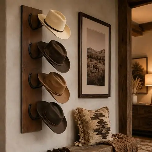 Dark Brown Wooden Wall-Mounted Hat Organizer With Four Horseshoe Hooks For Western Cowboy Hats
Dark Brown Wooden Wall-Mounted Hat Organizer With Four Horseshoe Hooks For Western Cowboy Hats