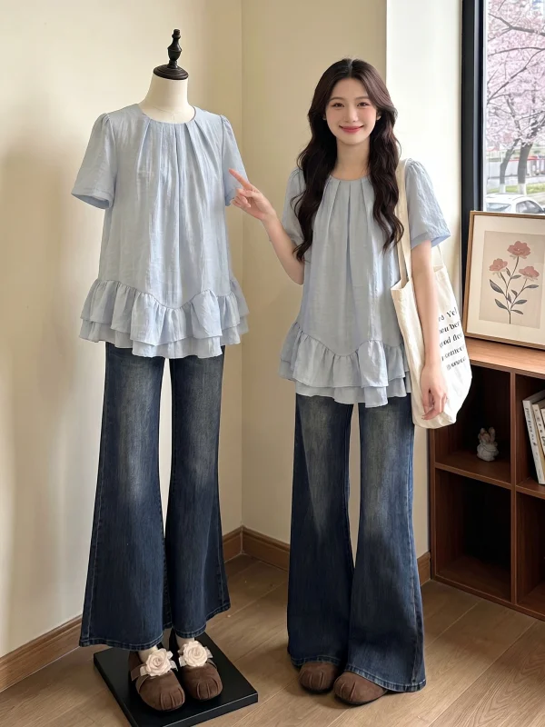 Light Blue Floral Hemmed Doll Shirt Women's Summer New Style plus Size Commute Korean Loose Fit round Neck Short Sleeve Top
Light Blue Floral Hemmed Doll Shirt Women's Summer New Style plus Size Commute Korean Loose Fit round Neck Short Sleeve Top