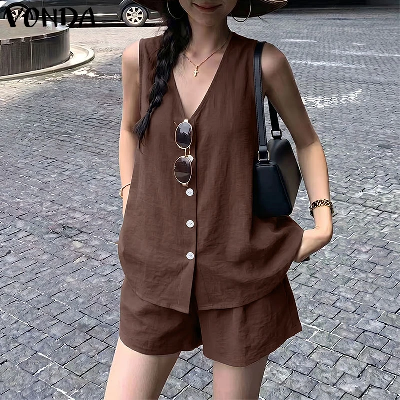 VONDA Summer Women Short Sets Sleeveless V Neck Tops Solid Shorts Casual 2PCS Two-piece Outfits Oversize 3XL Matching Sets
VONDA Summer Women Short Sets Sleeveless V Neck Tops Solid Shorts Casual 2PCS Two-piece Outfits Oversize 3XL Matching Sets
