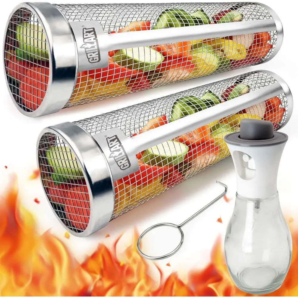 Extra-Large Stainless Steel Rolling Grill Baskets Set of 2 - Perfect for Barbecues and Grilling Veggies
Extra-Large Stainless Steel Rolling Grill Baskets Set of 2 - Perfect for Barbecues and Grilling Veggies