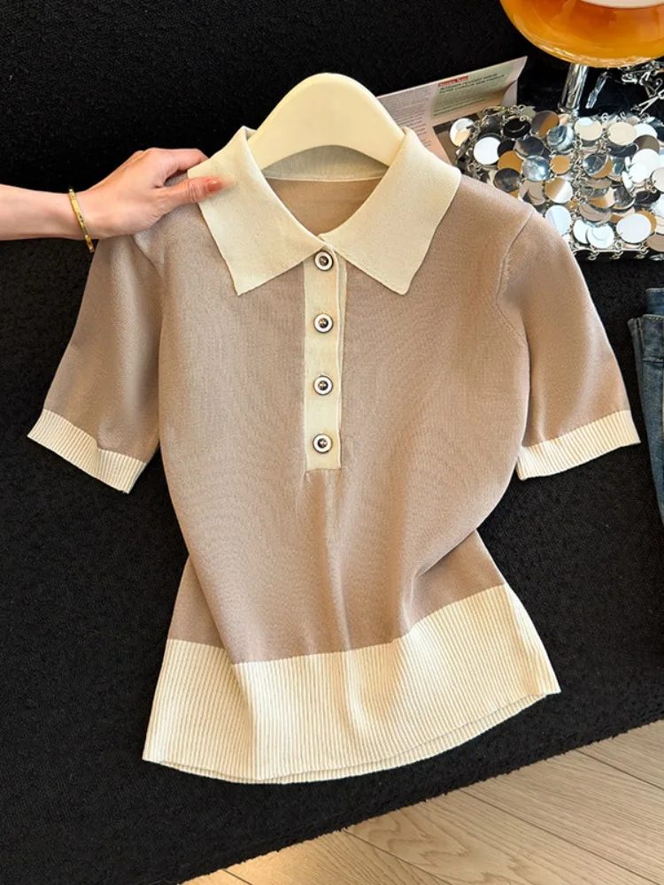 Summer New Style Women's Knitted Short Sleeve Collar T-Shirt Half Open Collar Button up Top Fashionable Color Block Design
Summer New Style Women's Knitted Short Sleeve Collar T-Shirt Half Open Collar Button up Top Fashionable Color Block Design