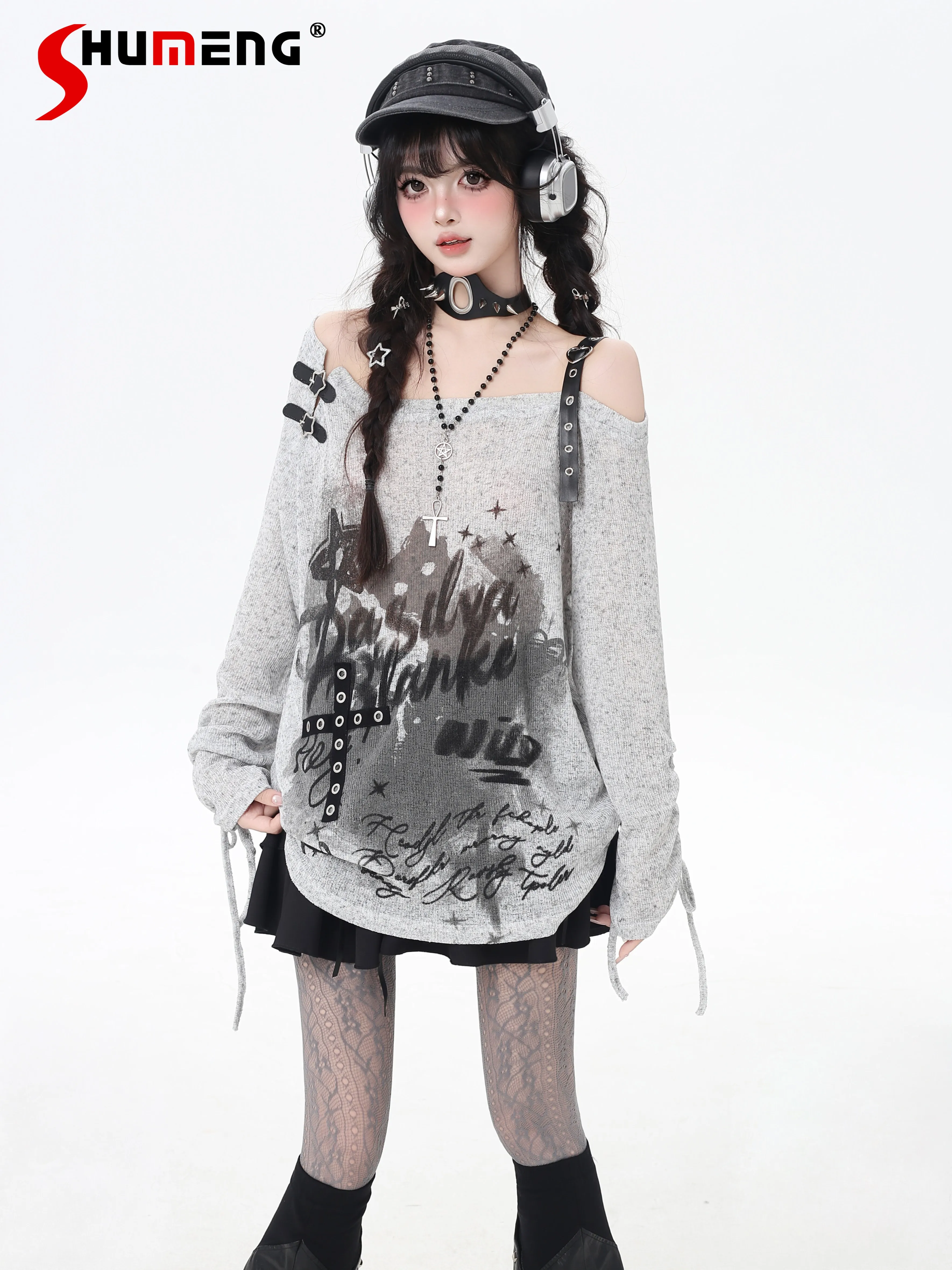 Streetwear Sweet Subculture Girl Tops PU Button Drawstring Off-Shoulder Long Sleeve Graffiti Loose Casual Thin T-Shirt Top Women
Streetwear Sweet Subculture Girl Tops PU Button Drawstring Off-Shoulder Long Sleeve Graffiti Loose Casual Thin T-Shirt Top Women