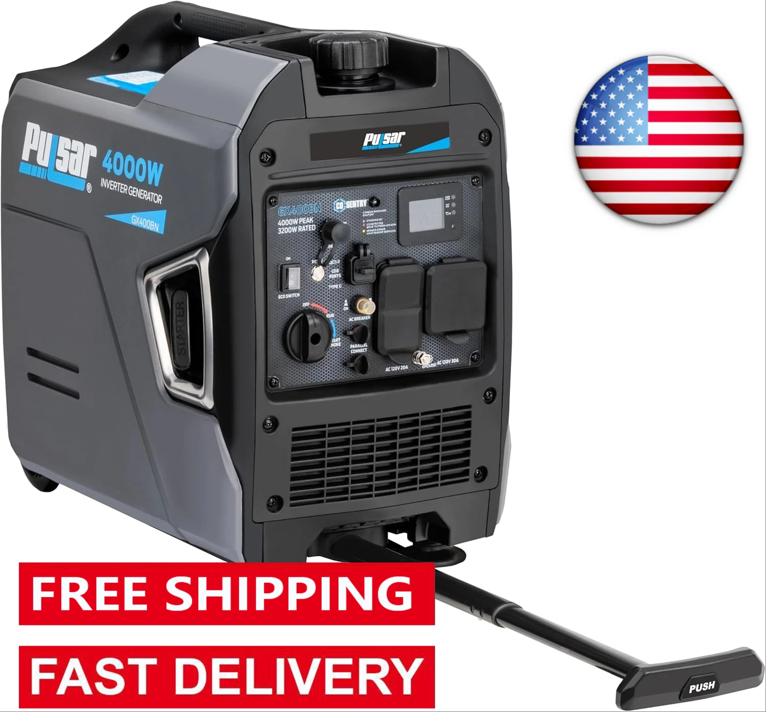 New USA GX400BN, 4000W Portable Ultra-Quiet Dual Fuel & Parallel Capability, RV-Ready, Handle & Wheels, with CO Trolley Design
New USA GX400BN, 4000W Portable Ultra-Quiet Dual Fuel & Parallel Capability, RV-Ready, Handle & Wheels, with CO Trolley Design