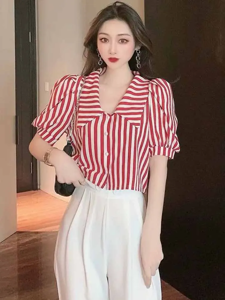 Retro Striped Puff Sleeve Blouse For Women Loose Fit Slimming Summer Top With Unique Design Trendy Short Sleeve Shirt
Retro Striped Puff Sleeve Blouse For Women Loose Fit Slimming Summer Top With Unique Design Trendy Short Sleeve Shirt