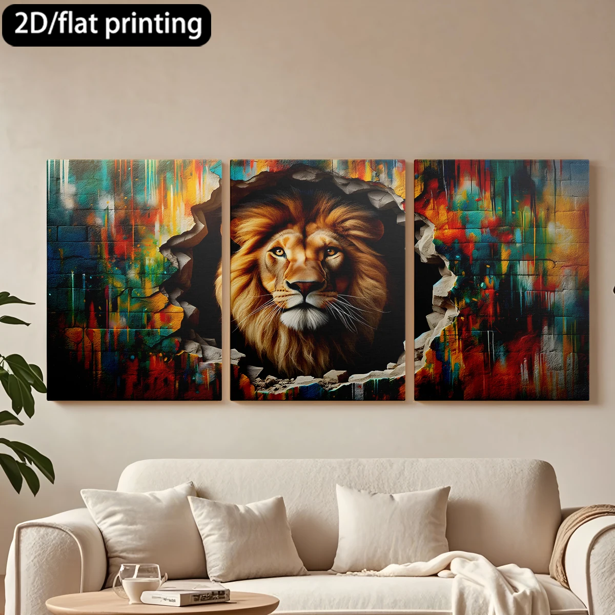 3pc wooden frame canvas decorative paintingLion peers through hole, colorful wall.Corridor bedroom decoration
3pc wooden frame canvas decorative paintingLion peers through hole, colorful wall.Corridor bedroom decoration