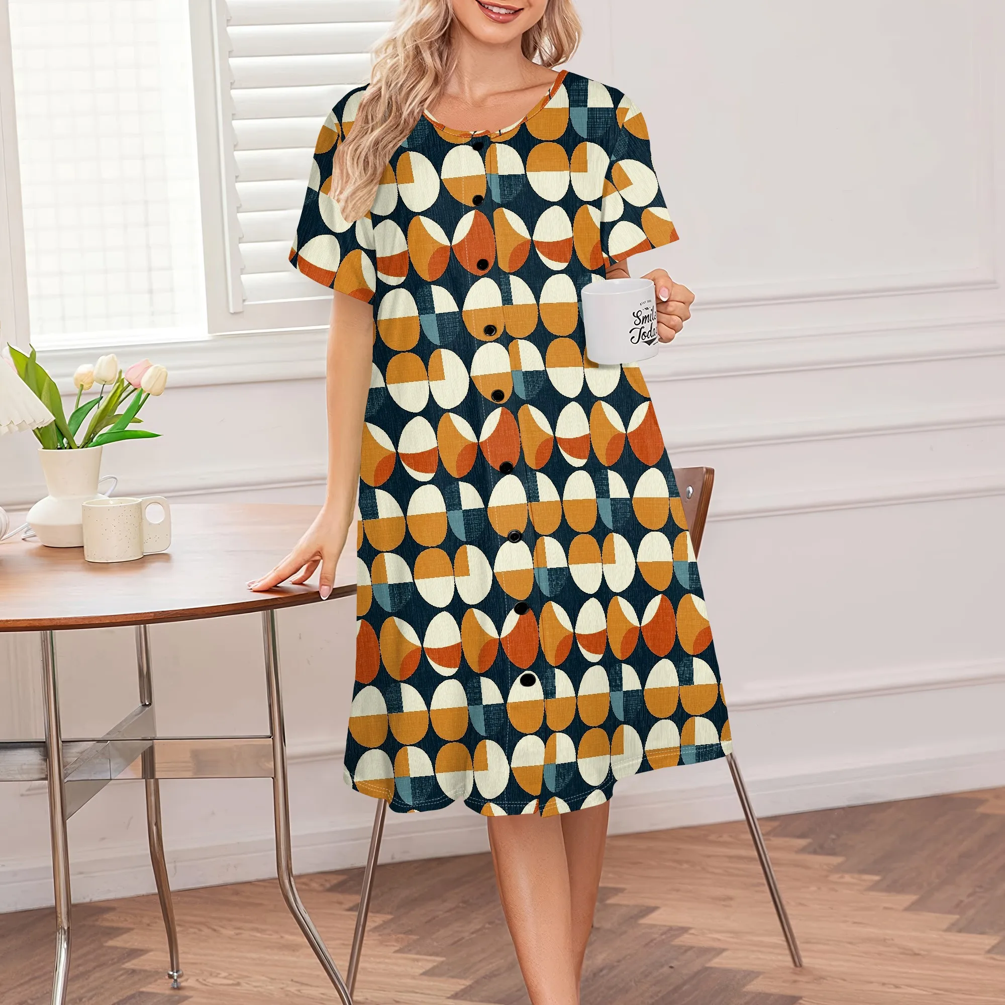 Comfortable House Dress for Women, Abstract Oval Print, Button Front, S-3XL Casual Home
Comfortable House Dress for Women, Abstract Oval Print, Button Front, S-3XL Casual Home