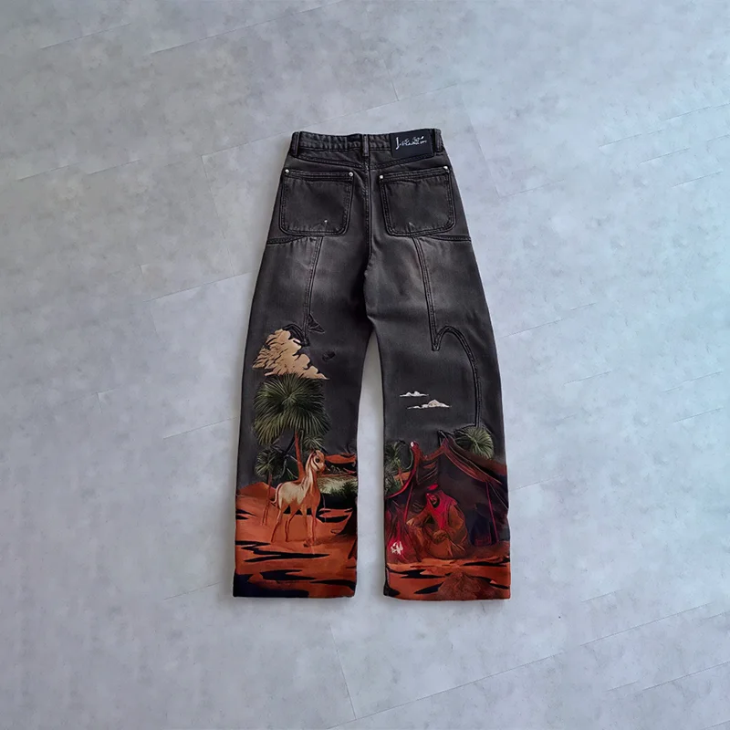 Y2K винтажные потертые джинсы с художественной вышивкой в виде сцены пустыни, высокое качество, свободные широкие джинсы, трендовая мужская и женская модная уличная одежда
Y2K винтажные потертые джинсы с художественной вышивкой в виде сцены пустыни, высокое качество, свободные широкие джинсы, трендовая мужская и женская модная уличная одежда