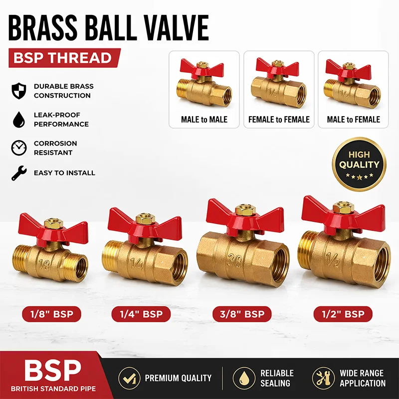 BSP Brass Ball Valve 1/2 3/8 1/4 1/8 Inch Male Female Thread Equal Coupler Red Butterfly Handle Air Water Oil Shut Off Valves
BSP Brass Ball Valve 1/2 3/8 1/4 1/8 Inch Male Female Thread Equal Coupler Red Butterfly Handle Air Water Oil Shut Off Valves