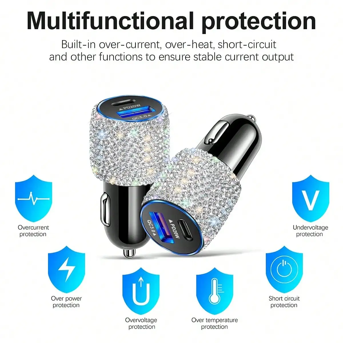 2-портовое автомобильное зарядное устройство с декором из кристаллов и страз, быстрая зарядка PD20W + QC3.0 для телефонов, GPS, видеорегистраторов
2-портовое автомобильное зарядное устройство с декором из кристаллов и страз, быстрая зарядка PD20W + QC3.0 для телефонов, GPS, видеорегистраторов