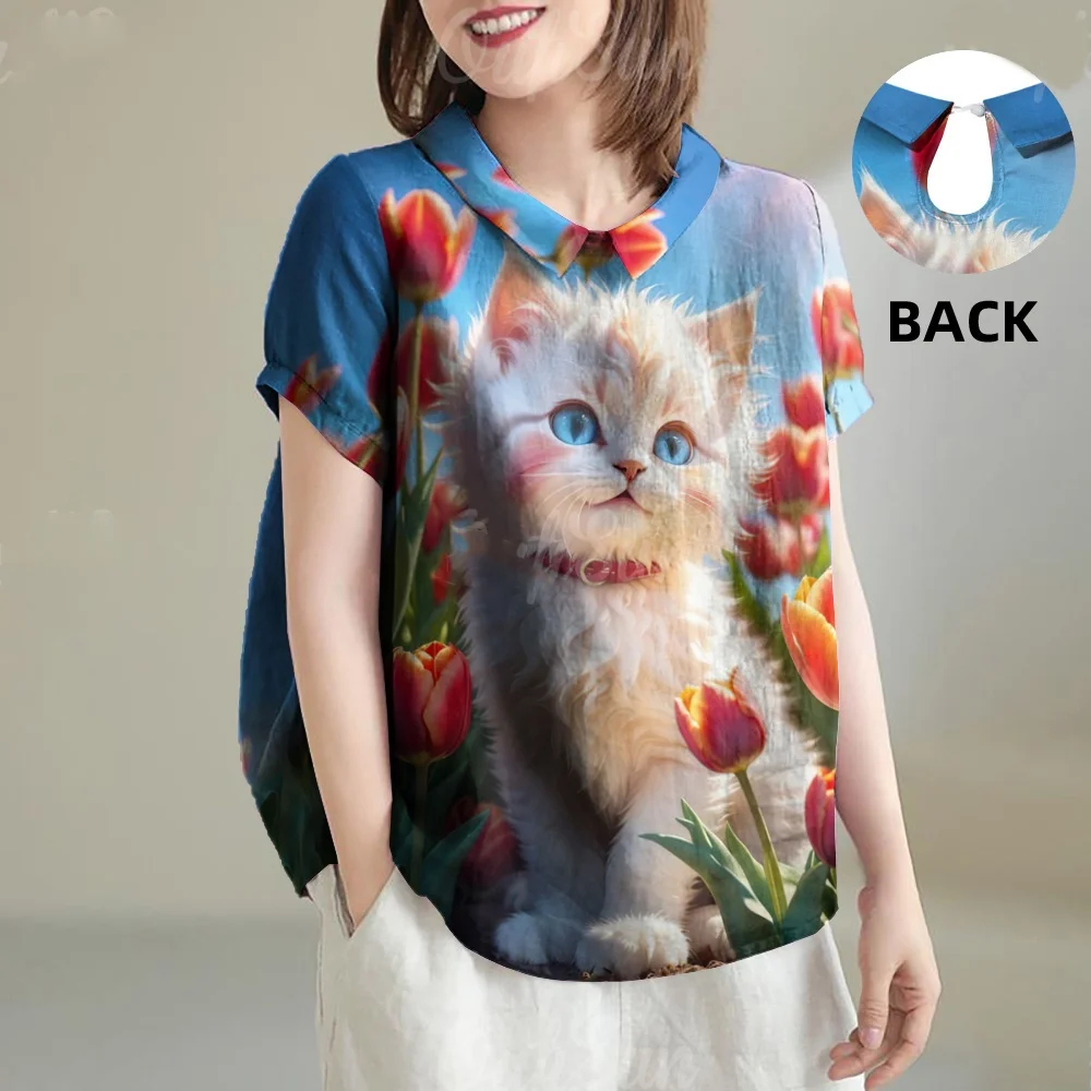 New Elegant Ladies' Shirts Cute Cat Print Hawaiian Summer T-shirts and Collared Short-Sleeved Fashionable Ladies' Clothing
New Elegant Ladies' Shirts Cute Cat Print Hawaiian Summer T-shirts and Collared Short-Sleeved Fashionable Ladies' Clothing