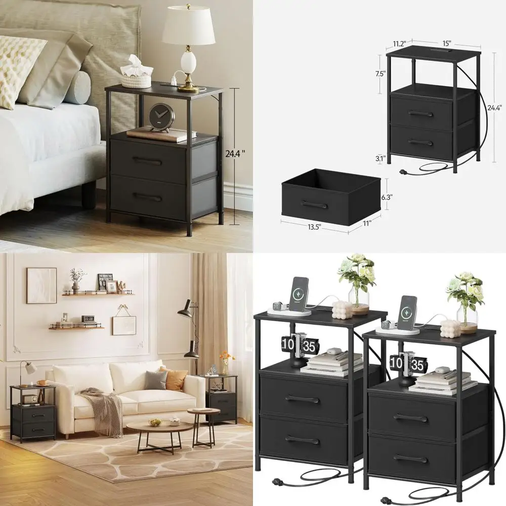 Пара черных тумбочек с зарядной док-станцией и тканевыми ящиками, приставные столики для спальни с открытыми полками
Пара черных тумбочек с зарядной док-станцией и тканевыми ящиками, приставные столики для спальни с открытыми полками