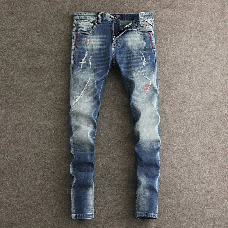Street Fashion Men Jeans Retro Washed Blue Stretch Slim Fit Patched Ripped Jeans Men Embroidery Designer Vintage Denim Pants
Street Fashion Men Jeans Retro Washed Blue Stretch Slim Fit Patched Ripped Jeans Men Embroidery Designer Vintage Denim Pants