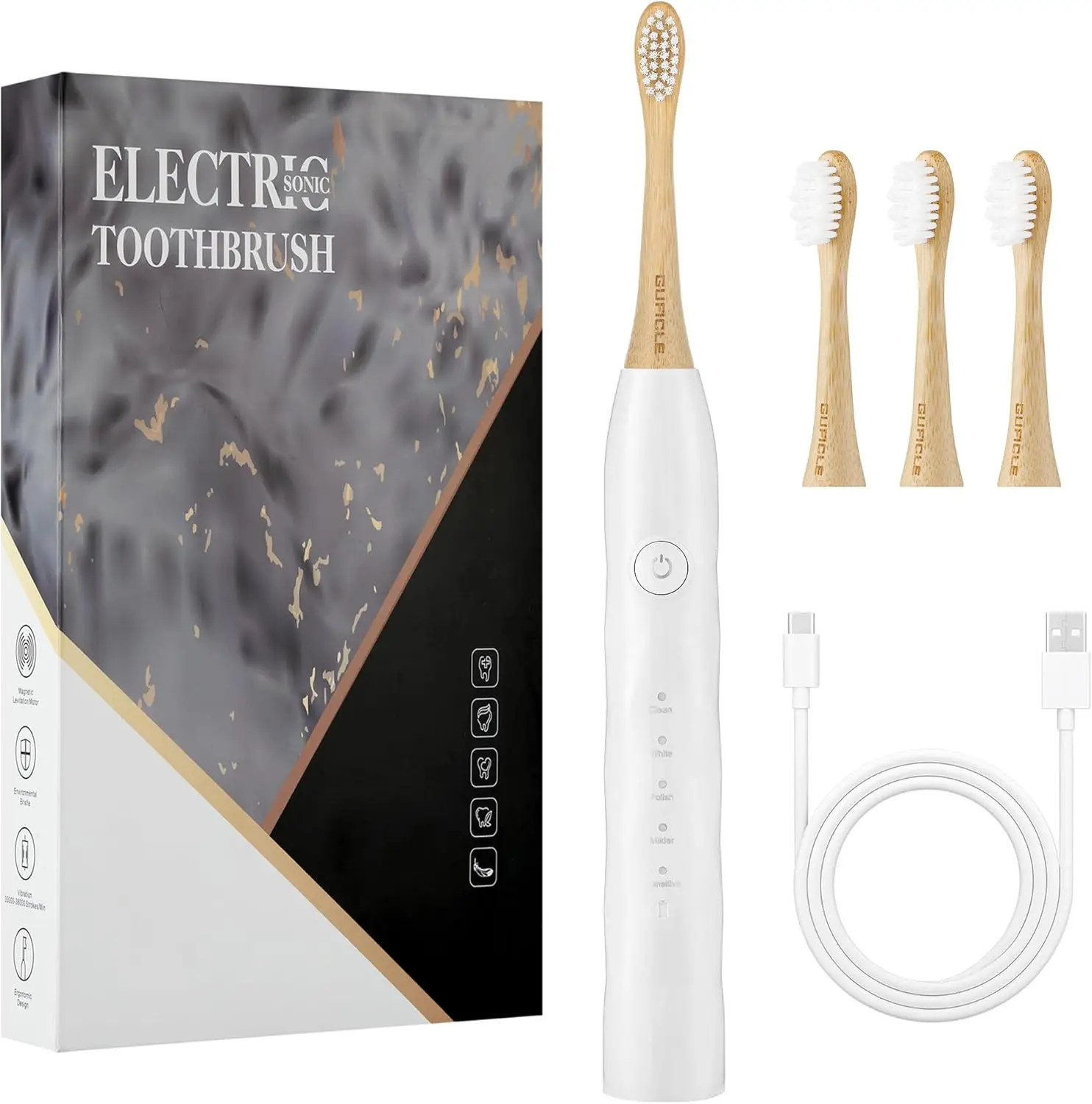 Bamboo Electric Toothbrush with 4 Heads, 5 Modes, Sonic Cleaning, Waterproof, 60-Day Battery - White
Bamboo Electric Toothbrush with 4 Heads, 5 Modes, Sonic Cleaning, Waterproof, 60-Day Battery - White