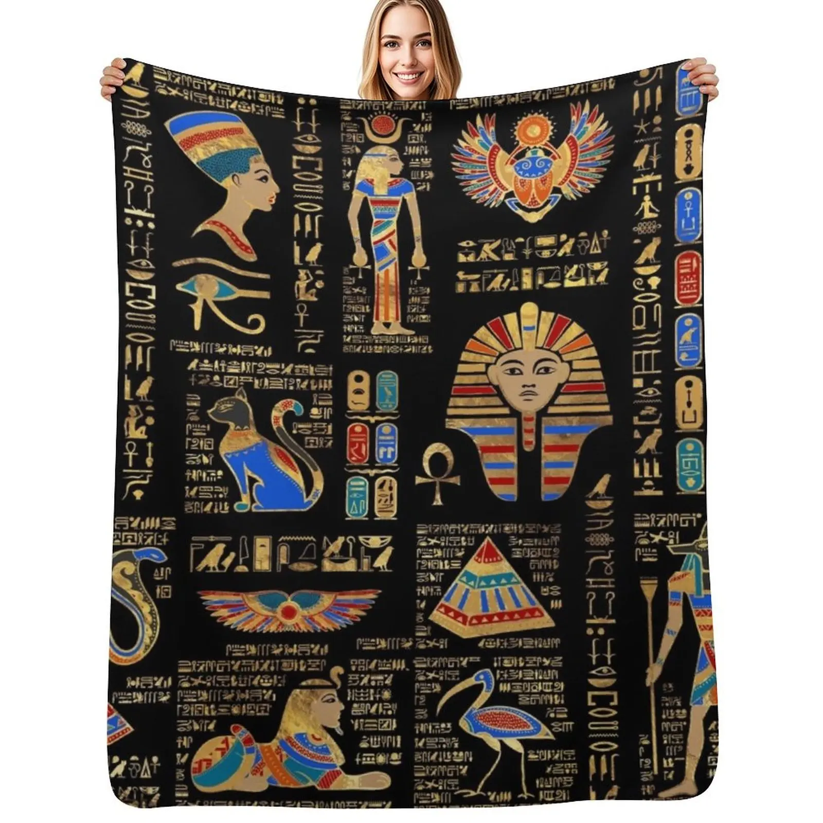 Egyptian hieroglyphs and deities on black Throw Blanket Fluffy Cozy Throw Blanket for Home Decor
Egyptian hieroglyphs and deities on black Throw Blanket Fluffy Cozy Throw Blanket for Home Decor