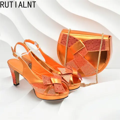 New Fashion Orange Color Matching Bag and Shoes for Ladies Wedding Luxury Rhinestone Elegant Woman Heeled Shoes for Wedding