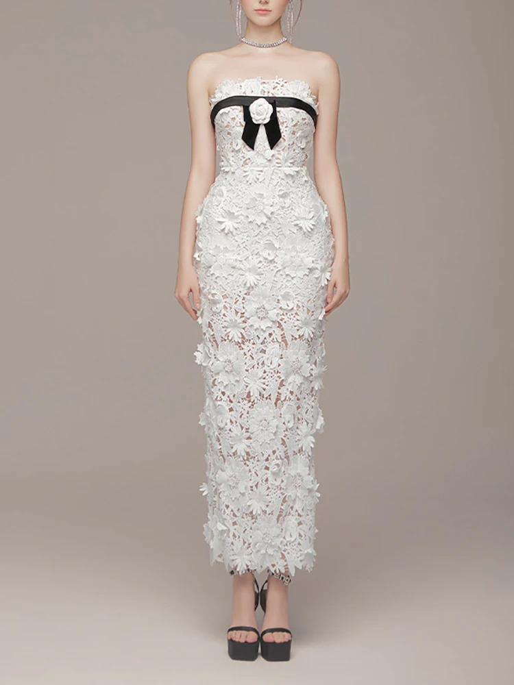 Slim Spliced Bowknot Dresses for Women Strapless Sleeveless Hollow Out Elegant Dress Female Fashion Formal Wedding Party Attire
Slim Spliced Bowknot Dresses for Women Strapless Sleeveless Hollow Out Elegant Dress Female Fashion Formal Wedding Party Attire