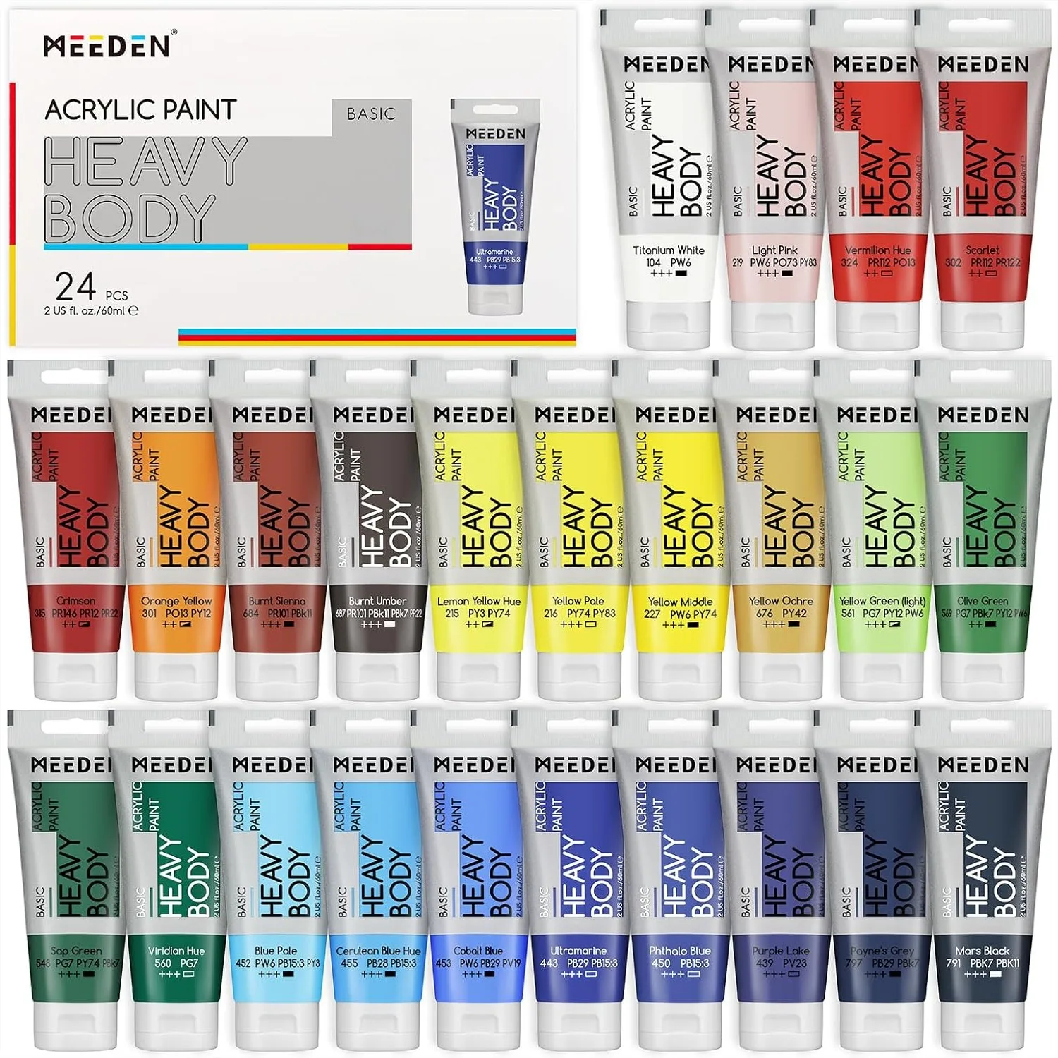 Heavy Body Acrylic Paint Set - 24 x 60ml Satin Finish for Adults - Rich Pigment Art Craft Paints for Canvas Clay Wood
Heavy Body Acrylic Paint Set - 24 x 60ml Satin Finish for Adults - Rich Pigment Art Craft Paints for Canvas Clay Wood
