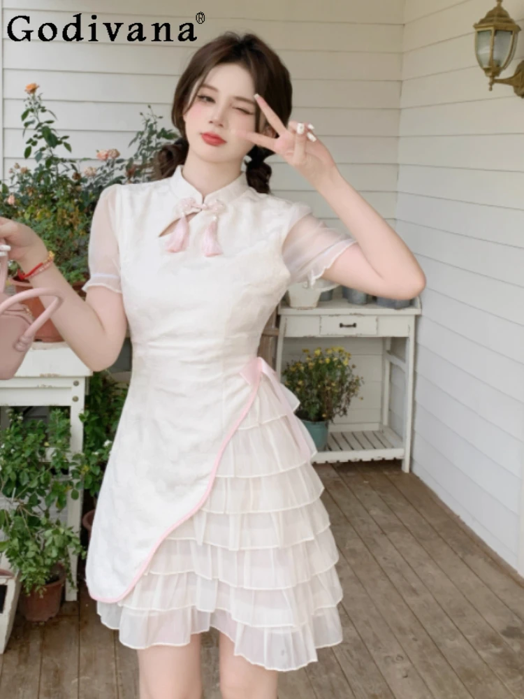 Summer Large Size Chinese Sweet Bow High Waist A-line Princess Dress Cute Girl Gauze Splicing Jacquard Cheongsam Lolita Dresses
Summer Large Size Chinese Sweet Bow High Waist A-line Princess Dress Cute Girl Gauze Splicing Jacquard Cheongsam Lolita Dresses