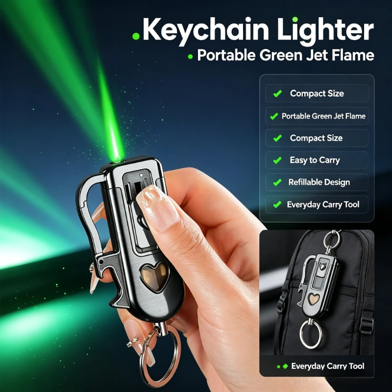 Multifunctional Keychain Butane Lighter, Windproof Green Jet Flame, Built-in Bottle Opener, Portable Refillable Daily Gadget
Multifunctional Keychain Butane Lighter, Windproof Green Jet Flame, Built-in Bottle Opener, Portable Refillable Daily Gadget