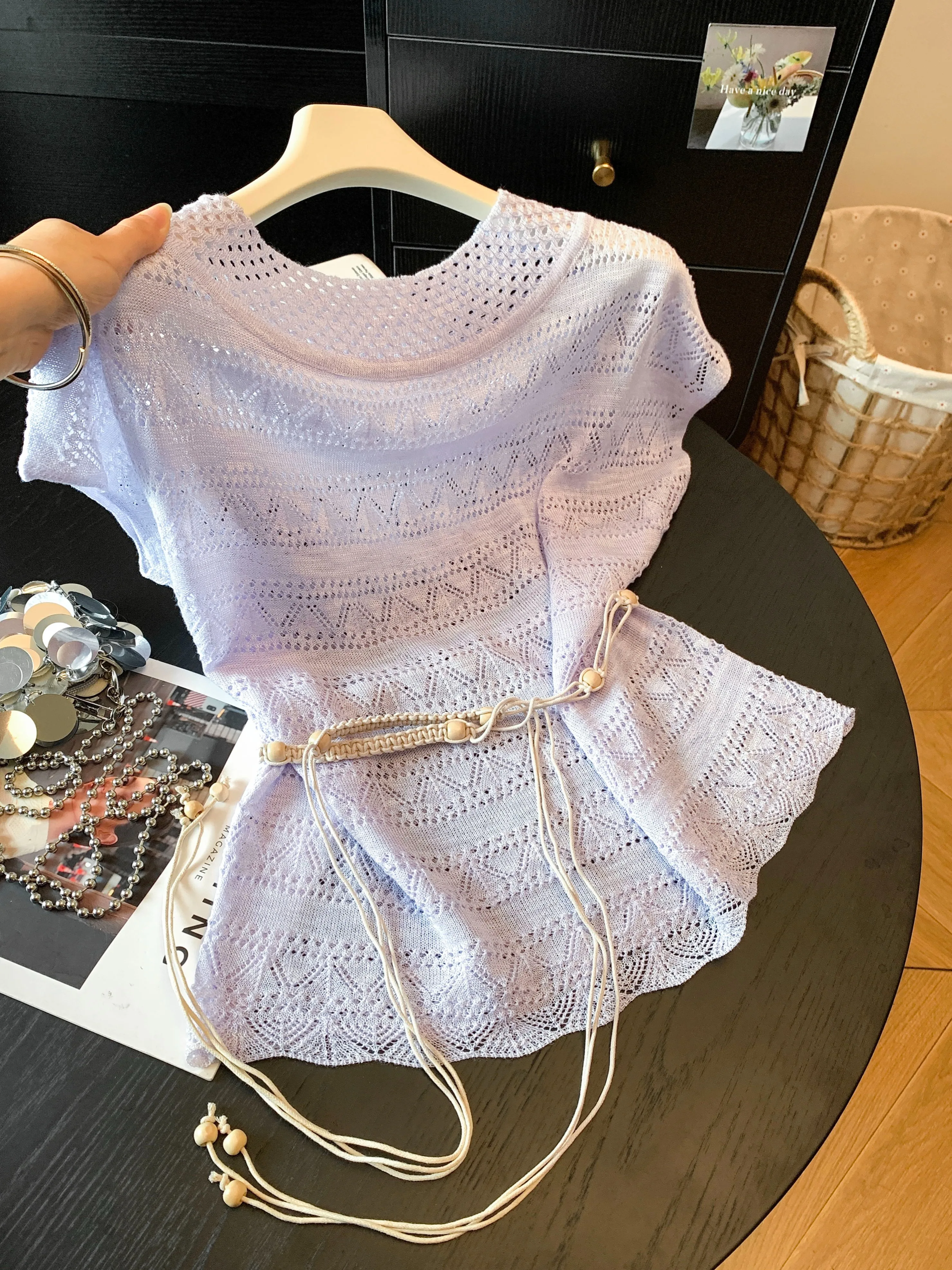 Korean Style Hollow out Knitted Top Women's Summer Ice Silk Sunshade Cover up Belted Slimming Top Breathable Soft Fabric
Korean Style Hollow out Knitted Top Women's Summer Ice Silk Sunshade Cover up Belted Slimming Top Breathable Soft Fabric