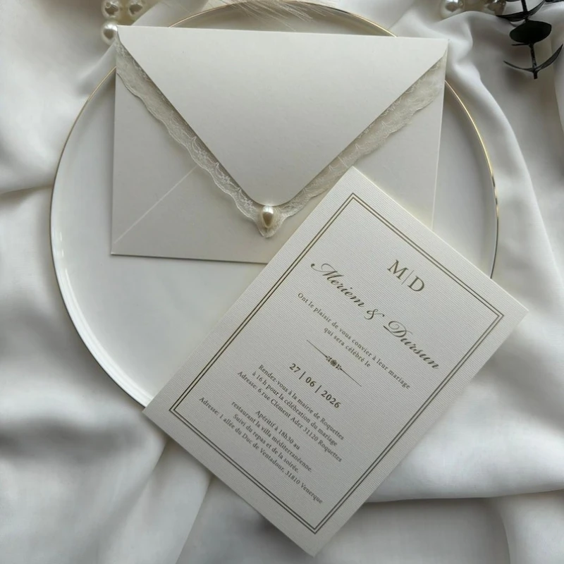 Luxury Ivory Wedding Invitation with Lace Envelope & Gold Print Elegant Minimal European Style Card
Luxury Ivory Wedding Invitation with Lace Envelope & Gold Print Elegant Minimal European Style Card