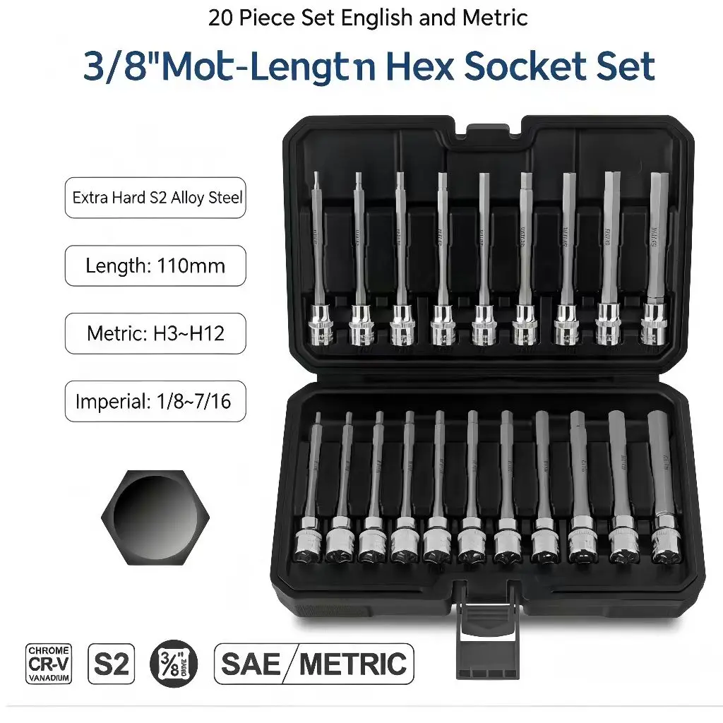 20PCS S2 Alloy Steel Hex Socket Set 3/8" Drive Extra Long Internal Hex Bit 110mm Metric H3-H12 & Imperial 1/8-7/16 SAE Standard
20PCS S2 Alloy Steel Hex Socket Set 3/8" Drive Extra Long Internal Hex Bit 110mm Metric H3-H12 & Imperial 1/8-7/16 SAE Standard