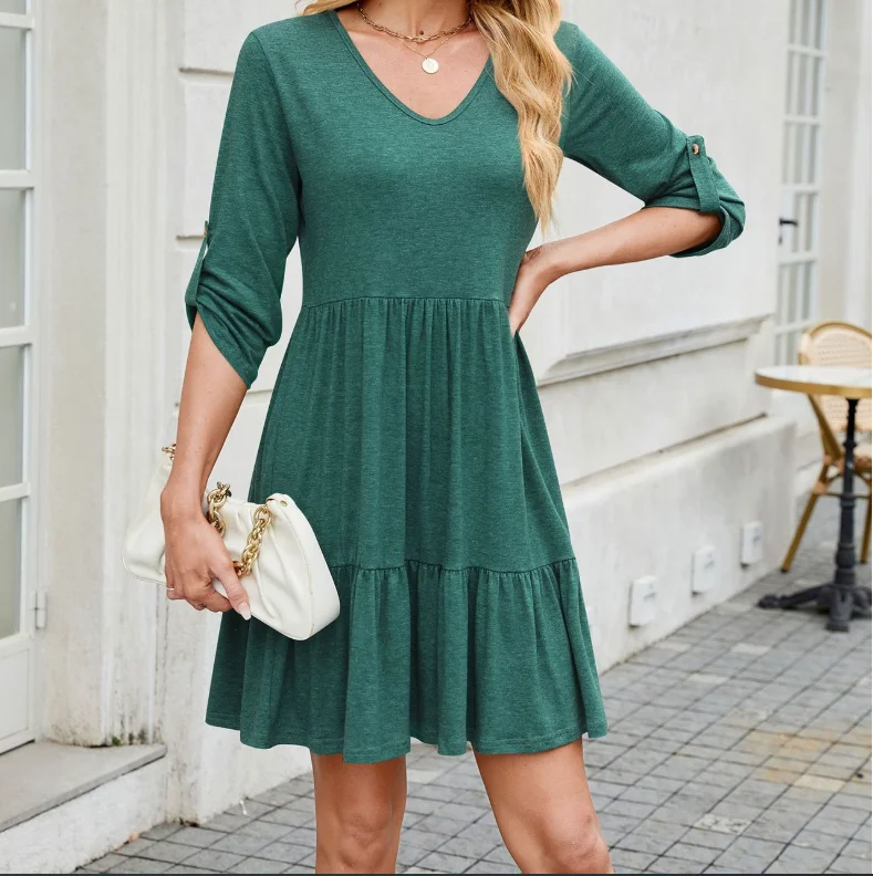 Women Loose V-Neck Pleated Ruffle Hem Dress Female Clothing Temperament Commuting Summer Women's Wear New Fashion A-Line Dresses
Women Loose V-Neck Pleated Ruffle Hem Dress Female Clothing Temperament Commuting Summer Women's Wear New Fashion A-Line Dresses