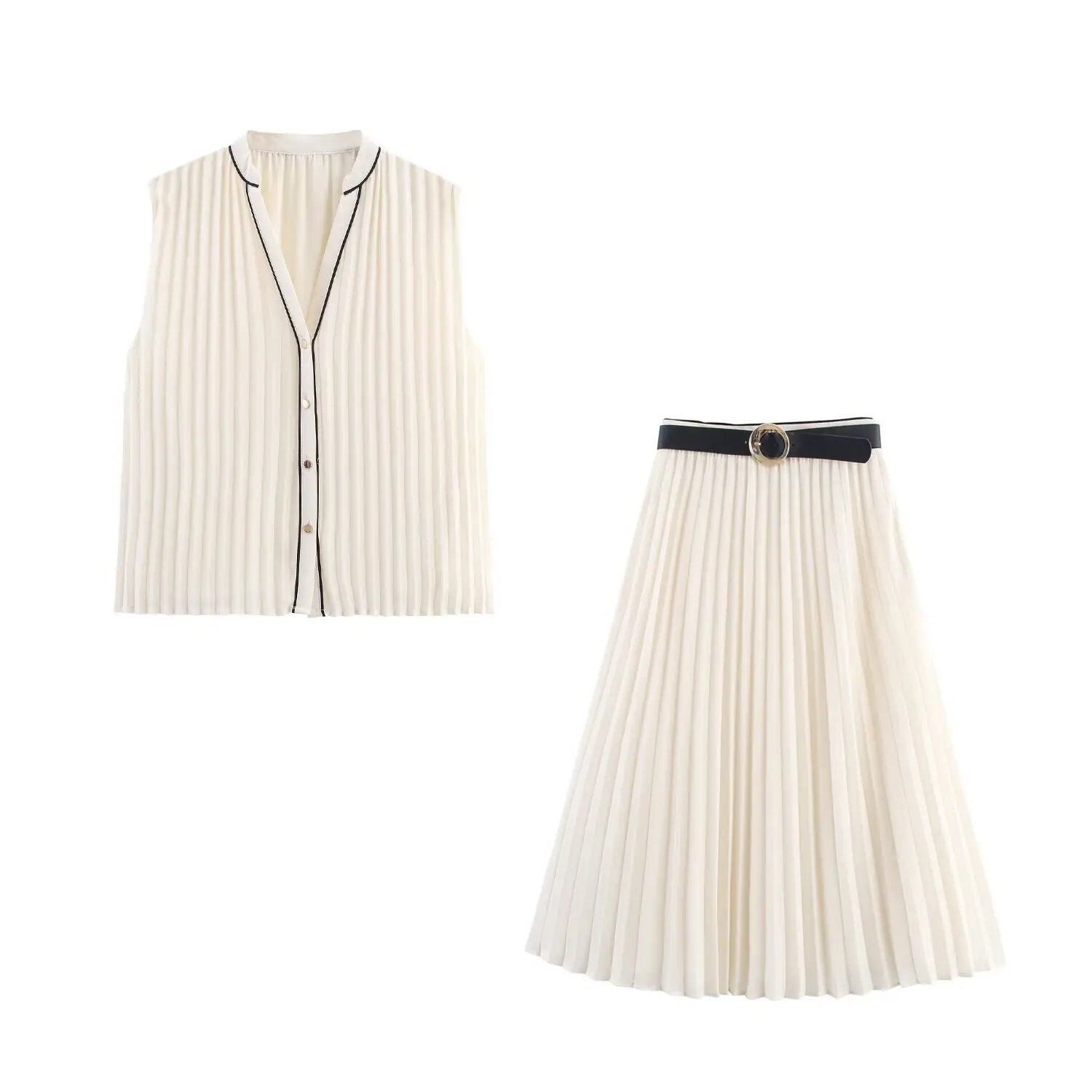 Women Skirt Set Single-breasted V-Neck Vintage Sleeveless Pleated Shirt High Waist Belt Decoration Casual Long Skirt
Women Skirt Set Single-breasted V-Neck Vintage Sleeveless Pleated Shirt High Waist Belt Decoration Casual Long Skirt