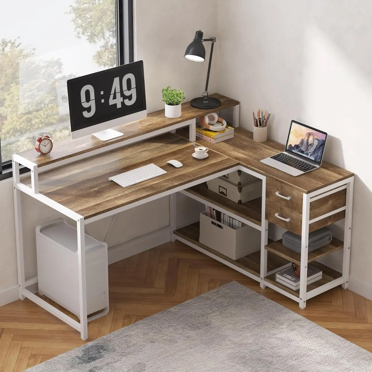 L Shaped Desk with Drawers and Storage Shelves, Corner Home Office Desk with Monitor Stand, 55 x 24 Desktop Computer
L Shaped Desk with Drawers and Storage Shelves, Corner Home Office Desk with Monitor Stand, 55 x 24 Desktop Computer